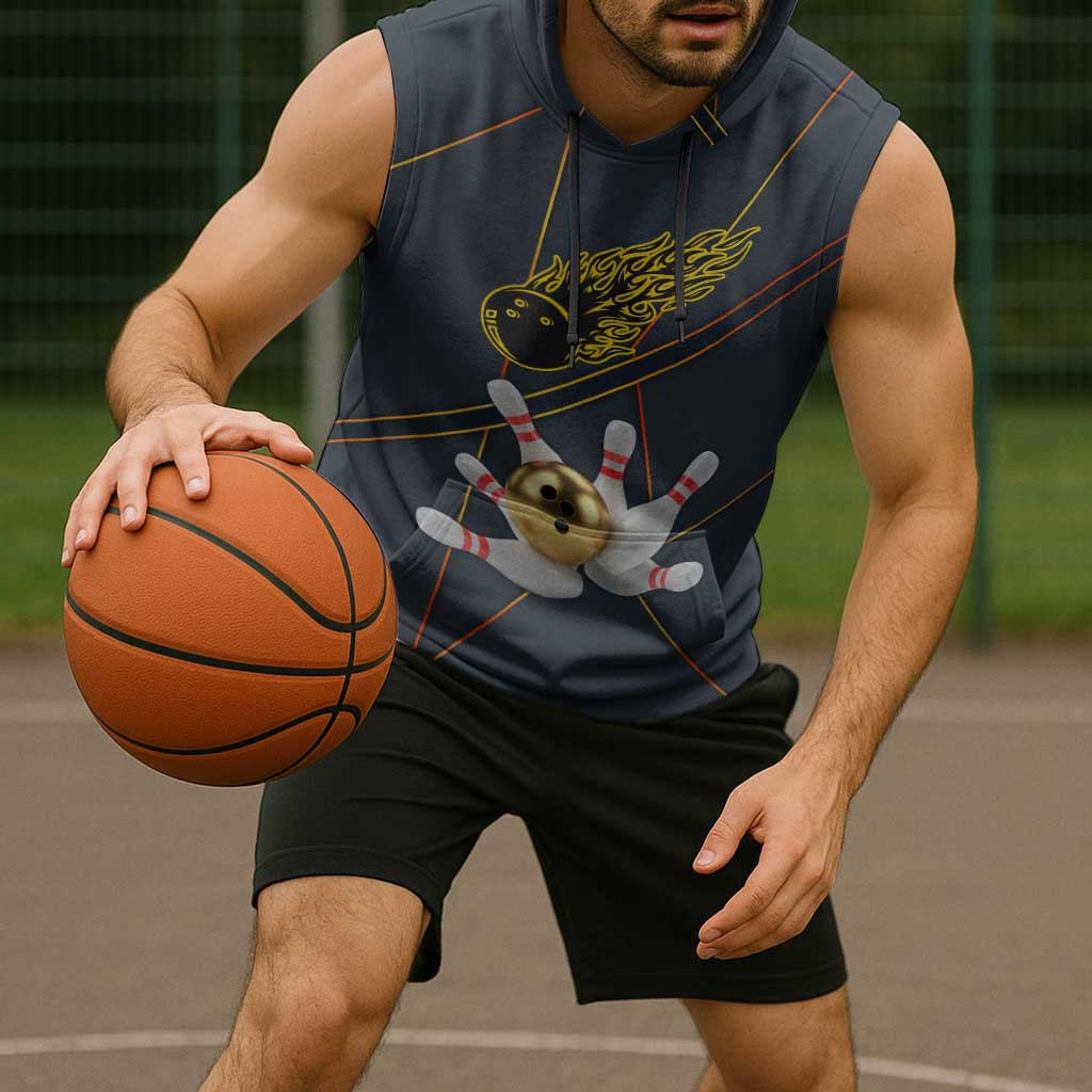 Custom Golden Bowling Shirts For Men, Flame Bowling Sleeveless Hoodie with Flaming Bowling Ball Striking Pins And Geometric Line Pattern - Wonder Print Shop