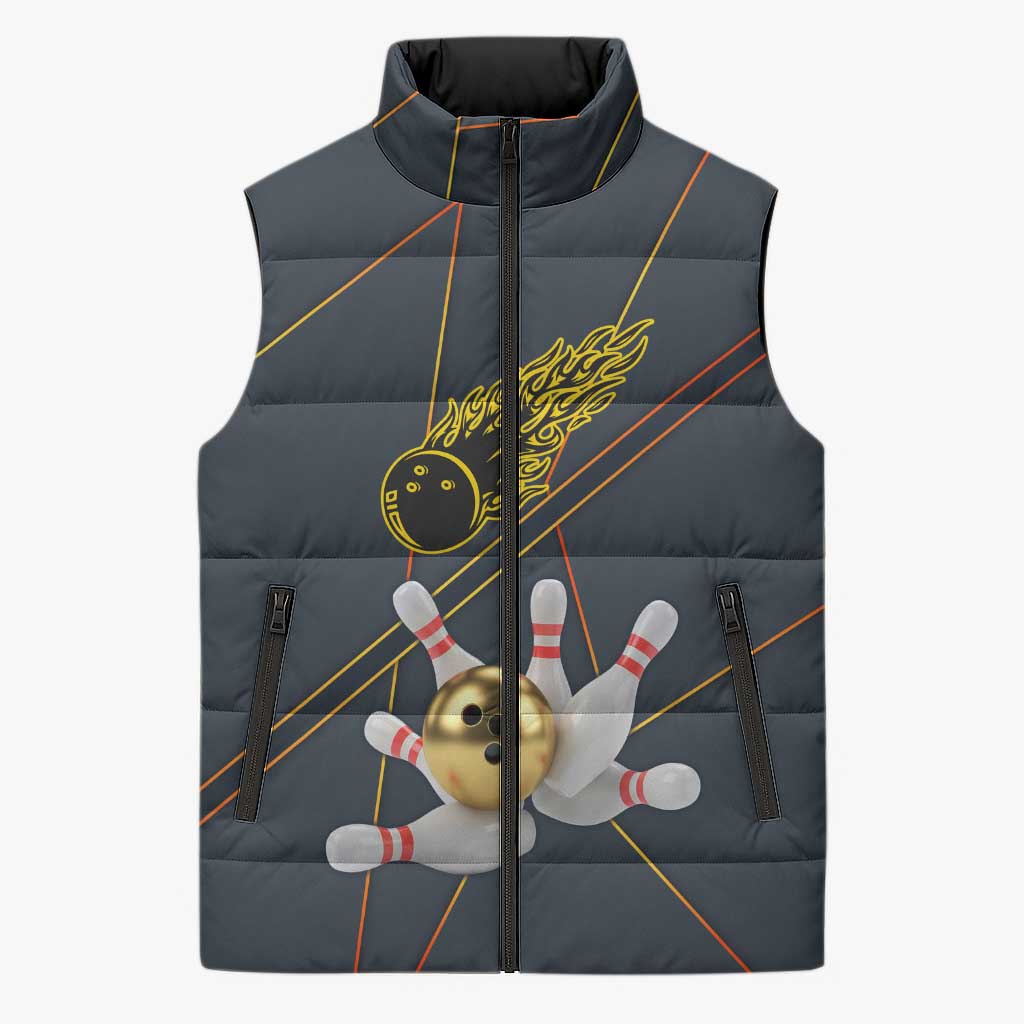 Custom Golden Bowling Shirts For Men, Flame Bowling Sleeveless Puffer Jacket with Flaming Bowling Ball Striking Pins And Geometric Line Pattern - Wonder Print Shop