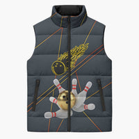 Custom Golden Bowling Shirts For Men, Flame Bowling Sleeveless Puffer Jacket with Flaming Bowling Ball Striking Pins And Geometric Line Pattern - Wonder Print Shop