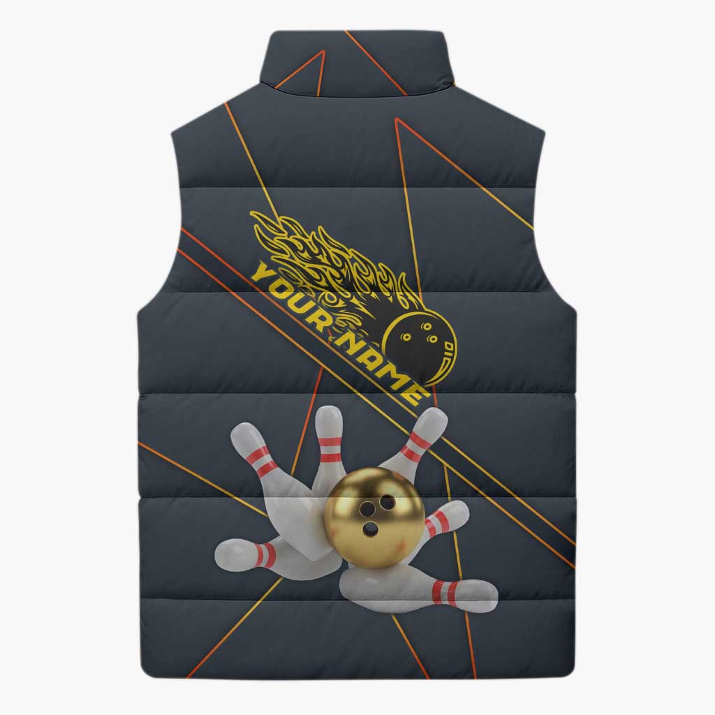 Custom Golden Bowling Shirts For Men, Flame Bowling Sleeveless Puffer Jacket with Flaming Bowling Ball Striking Pins And Geometric Line Pattern - Wonder Print Shop