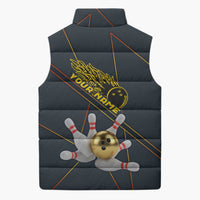 Custom Golden Bowling Shirts For Men, Flame Bowling Sleeveless Puffer Jacket with Flaming Bowling Ball Striking Pins And Geometric Line Pattern - Wonder Print Shop