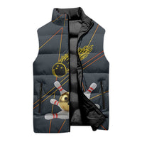 Custom Golden Bowling Shirts For Men, Flame Bowling Sleeveless Puffer Jacket with Flaming Bowling Ball Striking Pins And Geometric Line Pattern - Wonder Print Shop