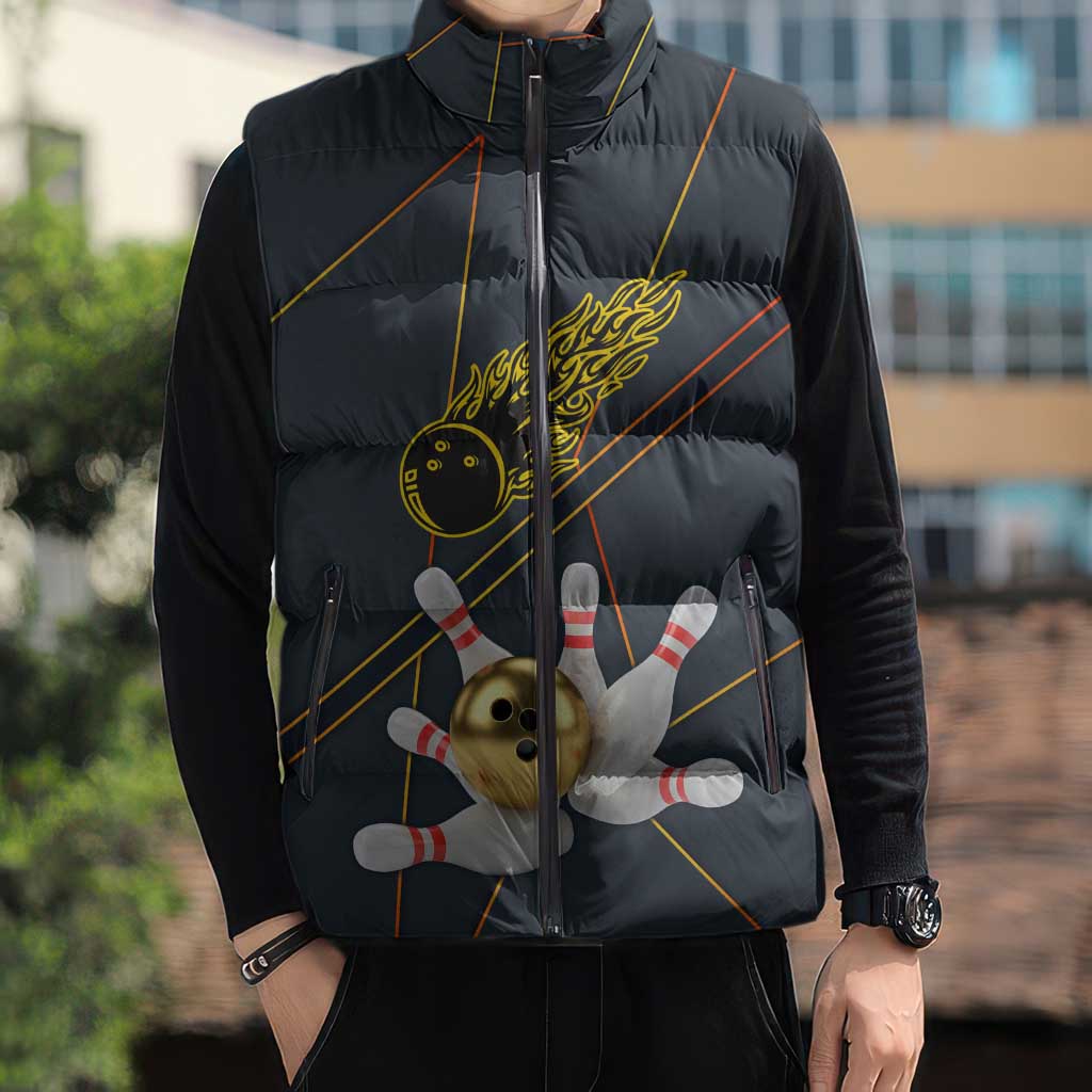 Custom Golden Bowling Shirts For Men, Flame Bowling Sleeveless Puffer Jacket with Flaming Bowling Ball Striking Pins And Geometric Line Pattern - Wonder Print Shop
