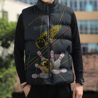 Custom Golden Bowling Shirts For Men, Flame Bowling Sleeveless Puffer Jacket with Flaming Bowling Ball Striking Pins And Geometric Line Pattern - Wonder Print Shop