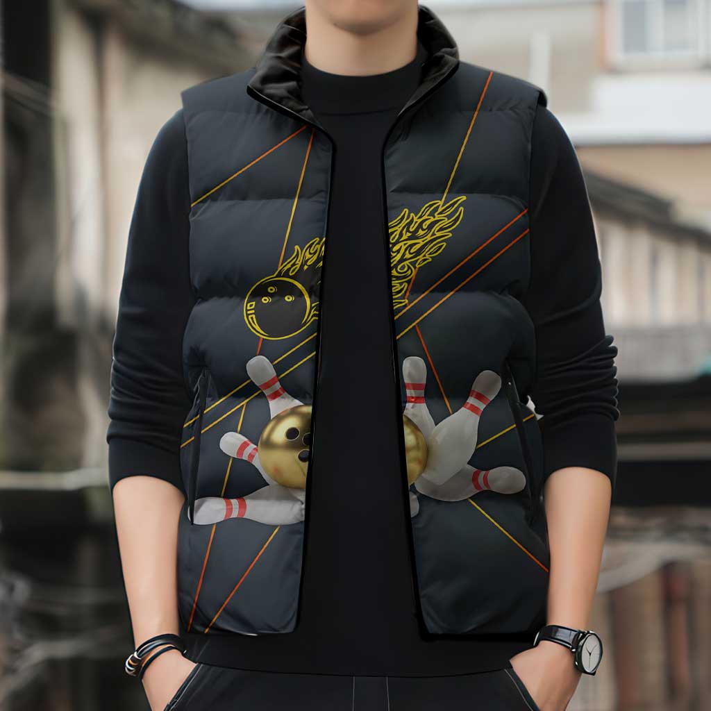 Custom Golden Bowling Shirts For Men, Flame Bowling Sleeveless Puffer Jacket with Flaming Bowling Ball Striking Pins And Geometric Line Pattern - Wonder Print Shop