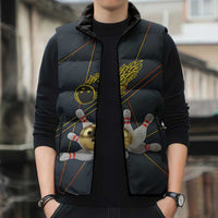 Custom Golden Bowling Shirts For Men, Flame Bowling Sleeveless Puffer Jacket with Flaming Bowling Ball Striking Pins And Geometric Line Pattern - Wonder Print Shop