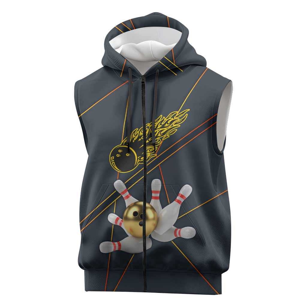 Custom Golden Bowling Shirts For Men, Flame Bowling Sleeveless Zip Hoodie with Flaming Bowling Ball Striking Pins And Geometric Line Pattern - Wonder Print Shop