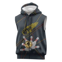 Custom Golden Bowling Shirts For Men, Flame Bowling Sleeveless Zip Hoodie with Flaming Bowling Ball Striking Pins And Geometric Line Pattern - Wonder Print Shop
