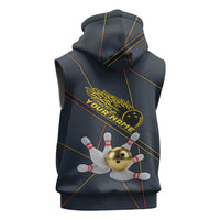 Custom Golden Bowling Shirts For Men, Flame Bowling Sleeveless Zip Hoodie with Flaming Bowling Ball Striking Pins And Geometric Line Pattern - Wonder Print Shop