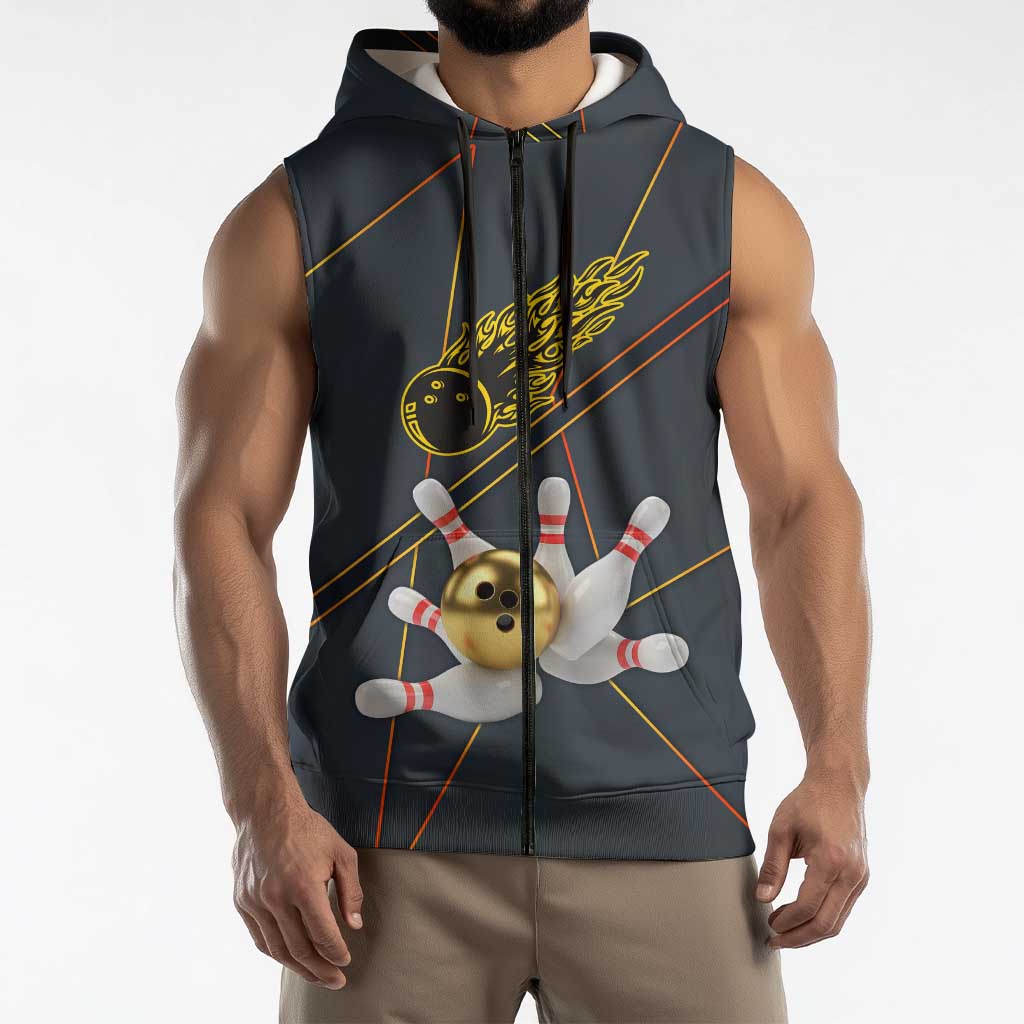 Custom Golden Bowling Shirts For Men, Flame Bowling Sleeveless Zip Hoodie with Flaming Bowling Ball Striking Pins And Geometric Line Pattern - Wonder Print Shop