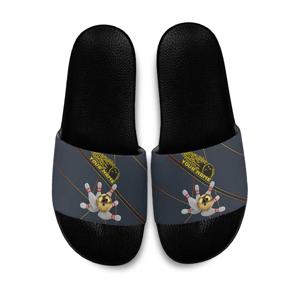 Custom Golden Bowling Shirts For Men, Flame Bowling Slide Sandals with Flaming Bowling Ball Striking Pins And Geometric Line Pattern - Wonder Print Shop