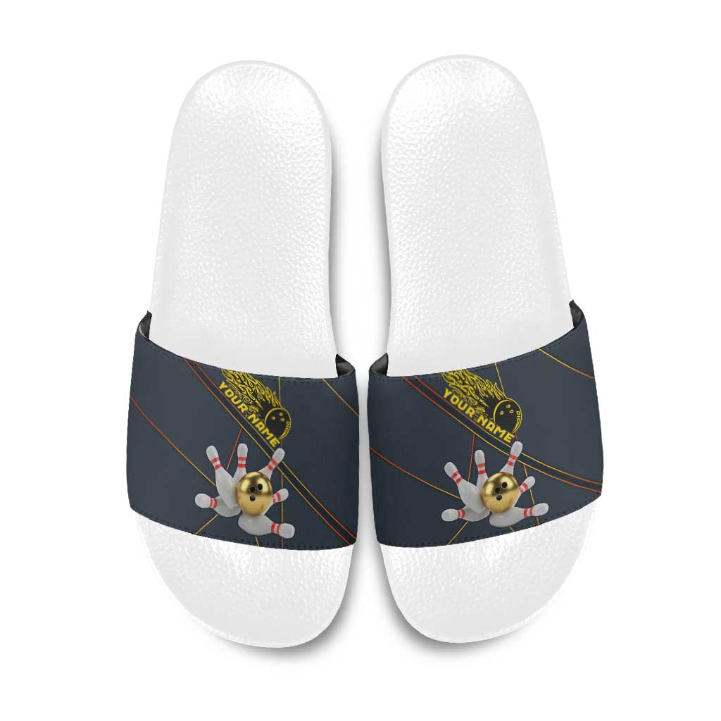 Custom Golden Bowling Shirts For Men, Flame Bowling Slide Sandals with Flaming Bowling Ball Striking Pins And Geometric Line Pattern - Wonder Print Shop