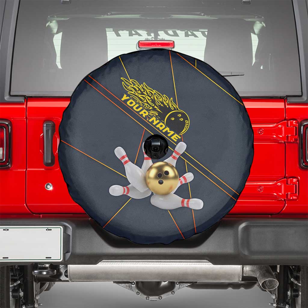 Custom Golden Bowling Shirts For Men, Flame Bowling Spare Tire Cover with Flaming Bowling Ball Striking Pins And Geometric Line Pattern - Wonder Print Shop
