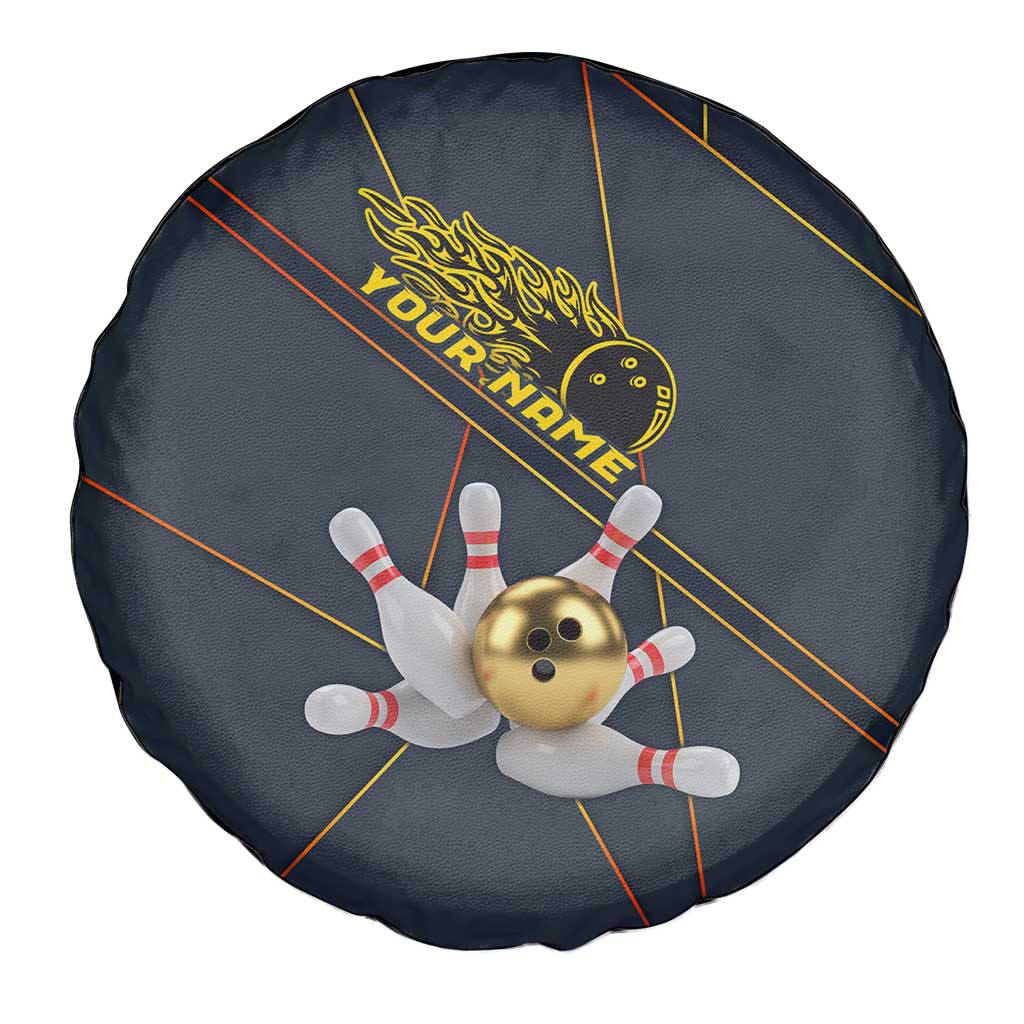 Custom Golden Bowling Shirts For Men, Flame Bowling Spare Tire Cover with Flaming Bowling Ball Striking Pins And Geometric Line Pattern - Wonder Print Shop