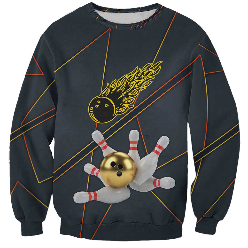 Custom Golden Bowling Shirts For Men, Flame Bowling Sweatshirt with Flaming Bowling Ball Striking Pins And Geometric Line Pattern - Wonder Print Shop