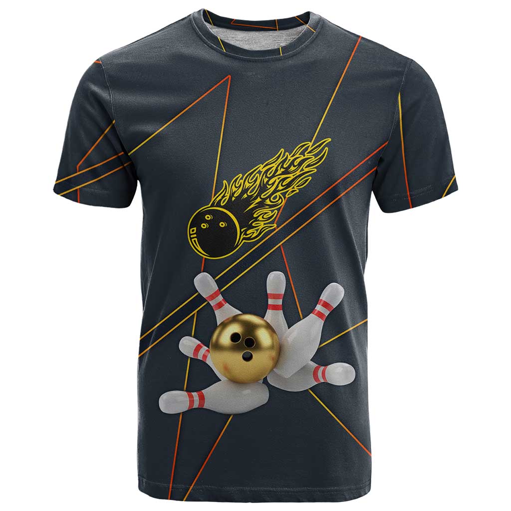 Custom Golden Bowling Shirts For Men, Flame Bowling T Shirt with Flaming Bowling Ball Striking Pins And Geometric Line Pattern - Wonder Print Shop