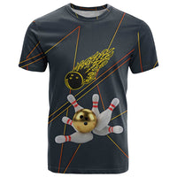Custom Golden Bowling Shirts For Men, Flame Bowling T Shirt with Flaming Bowling Ball Striking Pins And Geometric Line Pattern - Wonder Print Shop