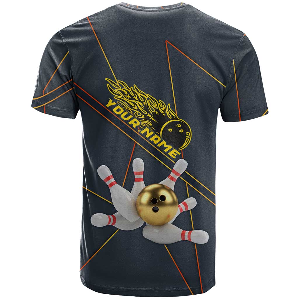 Custom Golden Bowling Shirts For Men, Flame Bowling T Shirt with Flaming Bowling Ball Striking Pins And Geometric Line Pattern - Wonder Print Shop