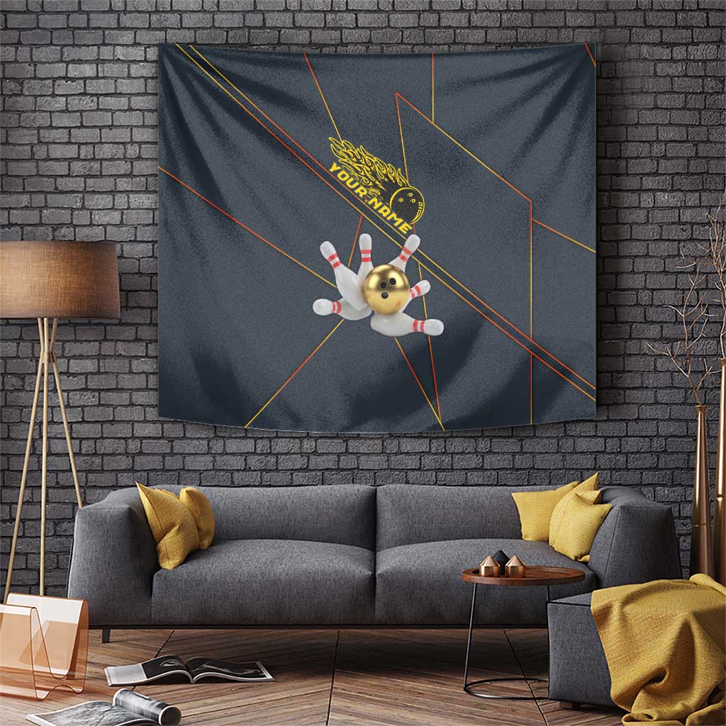 Custom Golden Bowling Shirts For Men, Flame Bowling Tapestry with Flaming Bowling Ball Striking Pins And Geometric Line Pattern - Wonder Print Shop