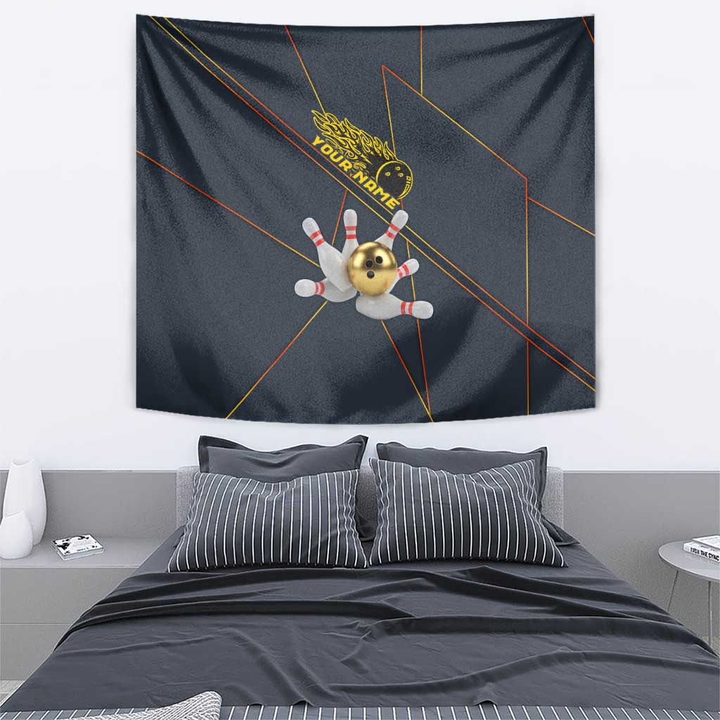 Custom Golden Bowling Shirts For Men, Flame Bowling Tapestry with Flaming Bowling Ball Striking Pins And Geometric Line Pattern - Wonder Print Shop