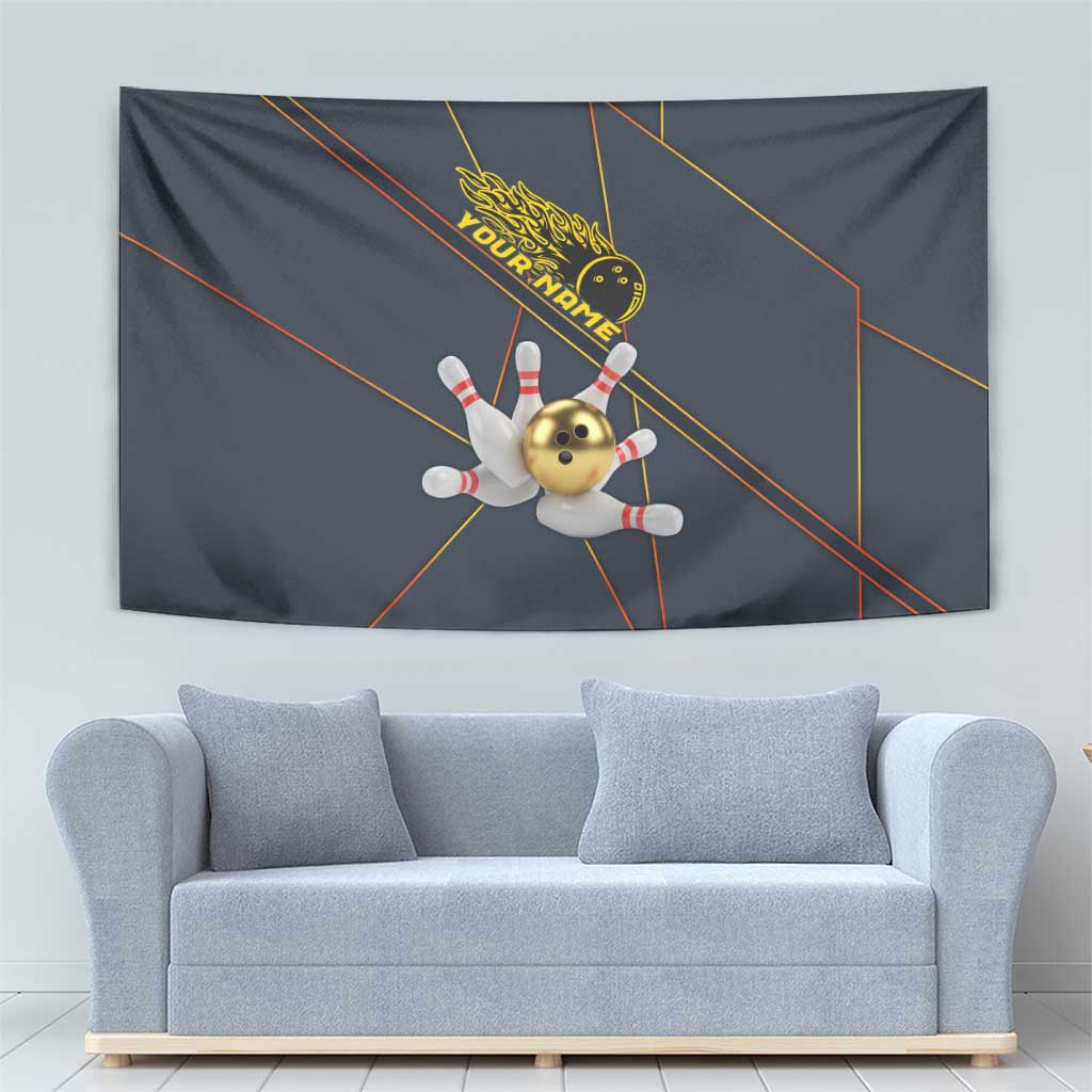Custom Golden Bowling Shirts For Men, Flame Bowling Tapestry with Flaming Bowling Ball Striking Pins And Geometric Line Pattern - Wonder Print Shop