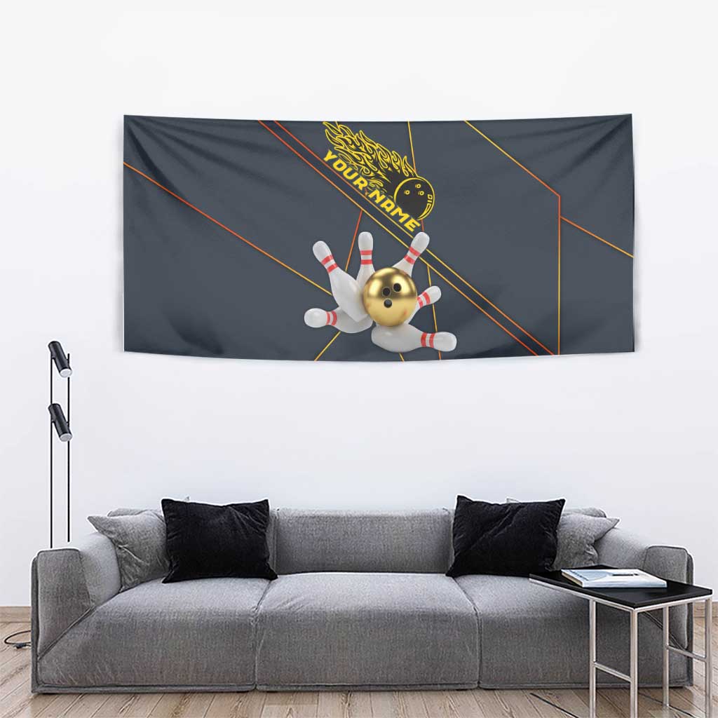 Custom Golden Bowling Shirts For Men, Flame Bowling Tapestry with Flaming Bowling Ball Striking Pins And Geometric Line Pattern - Wonder Print Shop