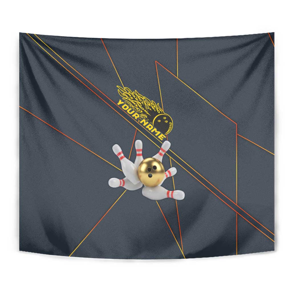 Custom Golden Bowling Shirts For Men, Flame Bowling Tapestry with Flaming Bowling Ball Striking Pins And Geometric Line Pattern - Wonder Print Shop