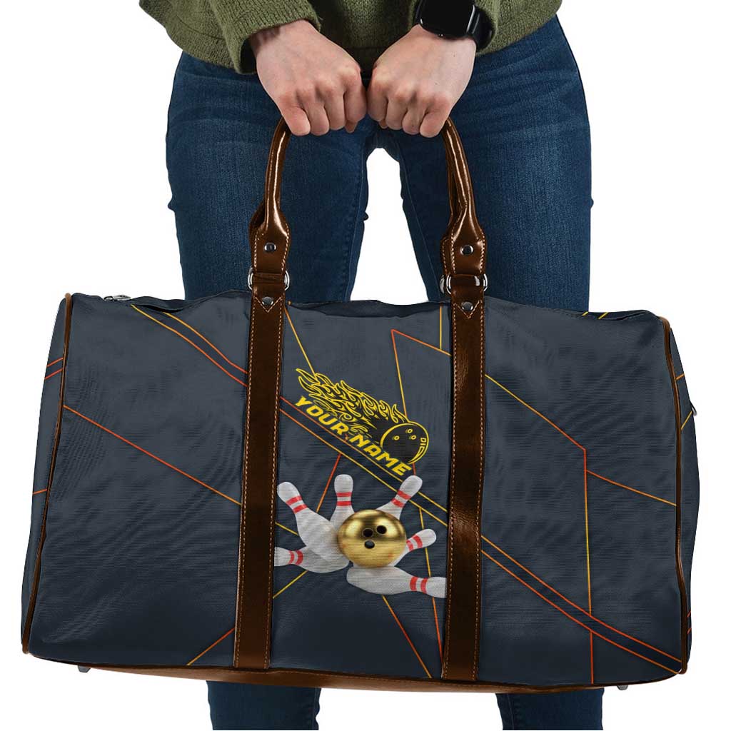 Custom Golden Bowling Shirts For Men, Flame Bowling Travel Bag with Flaming Bowling Ball Striking Pins And Geometric Line Pattern - Wonder Print Shop