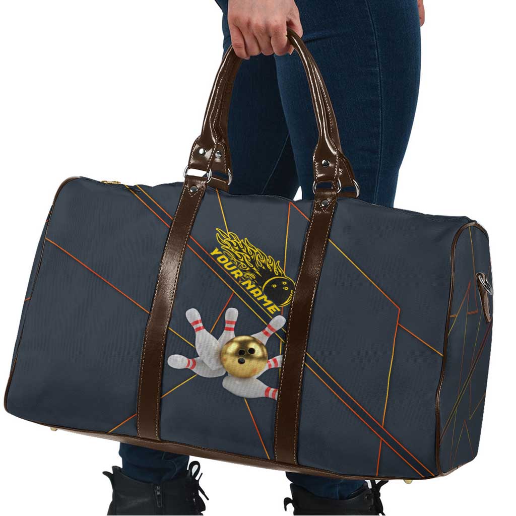 Custom Golden Bowling Shirts For Men, Flame Bowling Travel Bag with Flaming Bowling Ball Striking Pins And Geometric Line Pattern - Wonder Print Shop