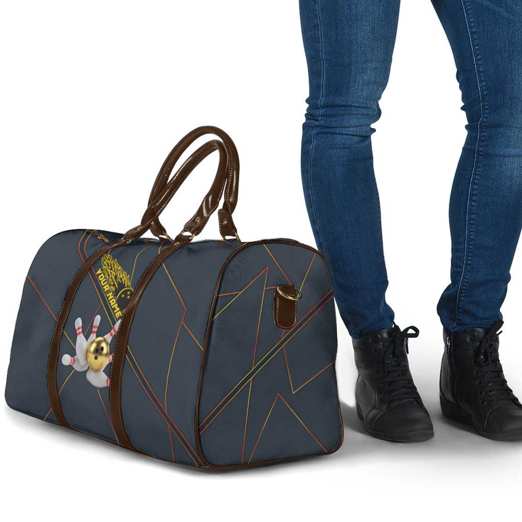 Custom Golden Bowling Shirts For Men, Flame Bowling Travel Bag with Flaming Bowling Ball Striking Pins And Geometric Line Pattern - Wonder Print Shop