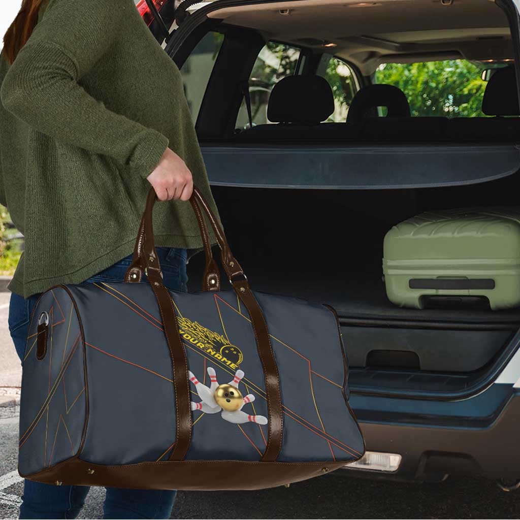 Custom Golden Bowling Shirts For Men, Flame Bowling Travel Bag with Flaming Bowling Ball Striking Pins And Geometric Line Pattern - Wonder Print Shop