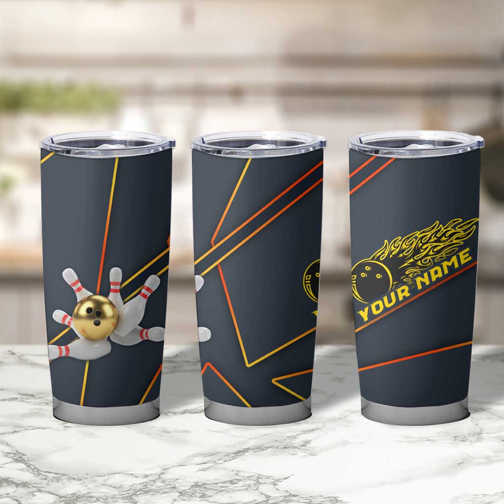 Custom Golden Bowling Shirts For Men, Flame Bowling Tumbler Cup with Flaming Bowling Ball Striking Pins And Geometric Line Pattern - Wonder Print Shop