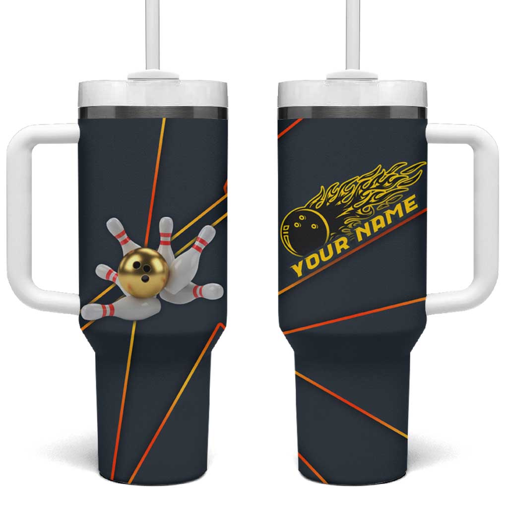 Custom Golden Bowling Shirts For Men, Flame Bowling Tumbler With Handle with Flaming Bowling Ball Striking Pins And Geometric Line Pattern - Wonder Print Shop
