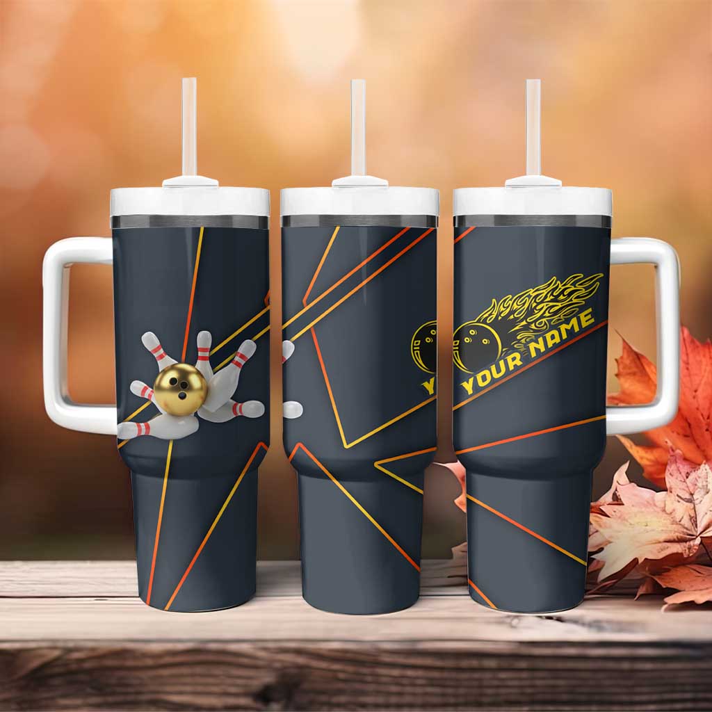 Custom Golden Bowling Shirts For Men, Flame Bowling Tumbler With Handle with Flaming Bowling Ball Striking Pins And Geometric Line Pattern - Wonder Print Shop
