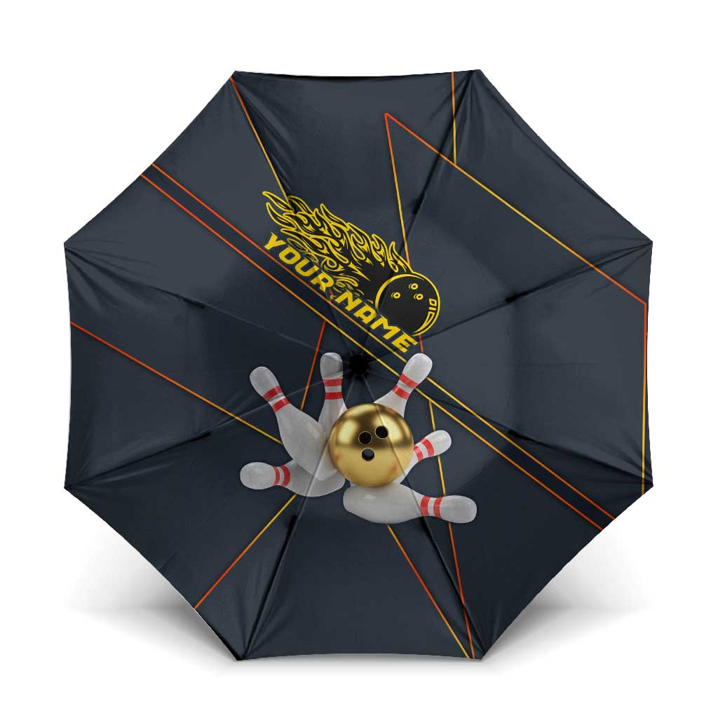 Custom Golden Bowling Shirts For Men, Flame Bowling Umbrella with Flaming Bowling Ball Striking Pins And Geometric Line Pattern - Wonder Print Shop