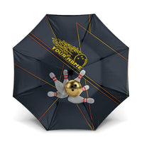 Custom Golden Bowling Shirts For Men, Flame Bowling Umbrella with Flaming Bowling Ball Striking Pins And Geometric Line Pattern - Wonder Print Shop