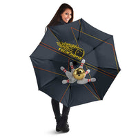 Custom Golden Bowling Shirts For Men, Flame Bowling Umbrella with Flaming Bowling Ball Striking Pins And Geometric Line Pattern - Wonder Print Shop