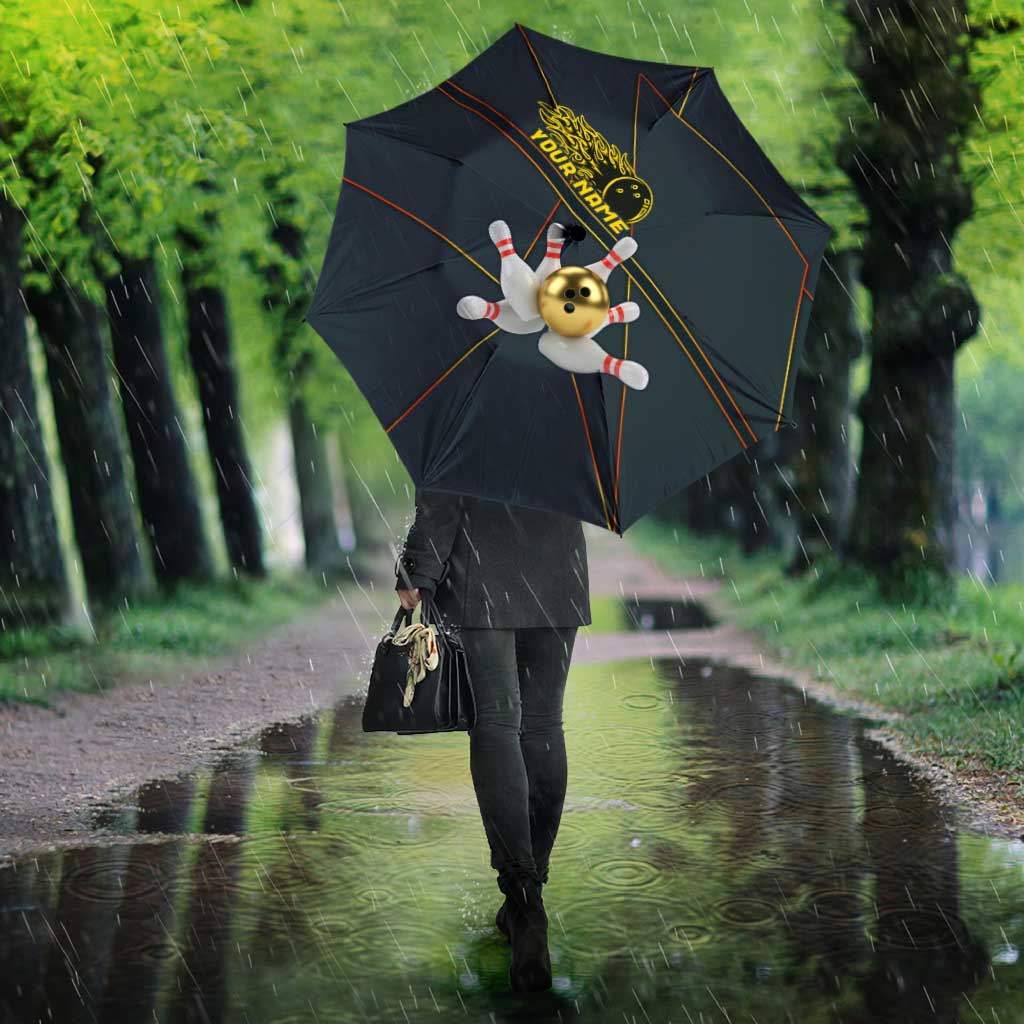 Custom Golden Bowling Shirts For Men, Flame Bowling Umbrella with Flaming Bowling Ball Striking Pins And Geometric Line Pattern - Wonder Print Shop