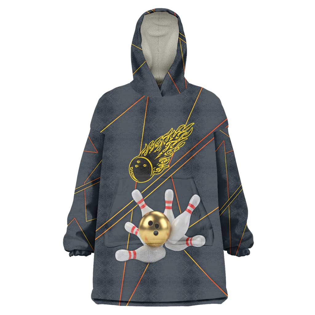 Custom Golden Bowling Shirts For Men, Flame Bowling Wearable Blanket Hoodie with Flaming Bowling Ball Striking Pins And Geometric Line Pattern - Wonder Print Shop