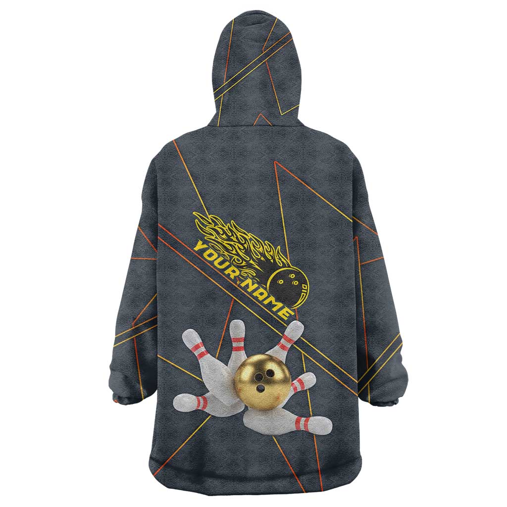 Custom Golden Bowling Shirts For Men, Flame Bowling Wearable Blanket Hoodie with Flaming Bowling Ball Striking Pins And Geometric Line Pattern - Wonder Print Shop