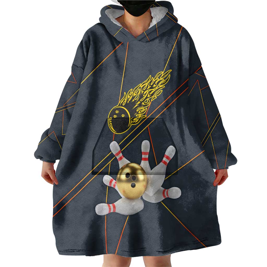 Custom Golden Bowling Shirts For Men, Flame Bowling Wearable Blanket Hoodie with Flaming Bowling Ball Striking Pins And Geometric Line Pattern - Wonder Print Shop