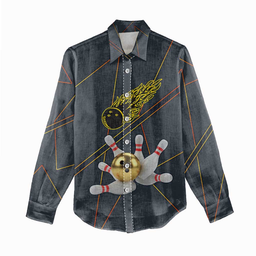 Custom Golden Bowling Shirts For Men, Flame Bowling Women Casual Shirt with Flaming Bowling Ball Striking Pins And Geometric Line Pattern - Wonder Print Shop