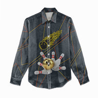 Custom Golden Bowling Shirts For Men, Flame Bowling Women Casual Shirt with Flaming Bowling Ball Striking Pins And Geometric Line Pattern - Wonder Print Shop