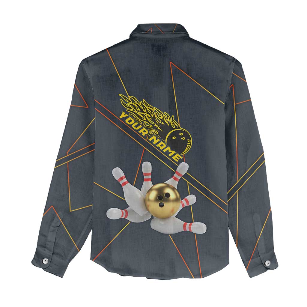 Custom Golden Bowling Shirts For Men, Flame Bowling Women Casual Shirt with Flaming Bowling Ball Striking Pins And Geometric Line Pattern - Wonder Print Shop