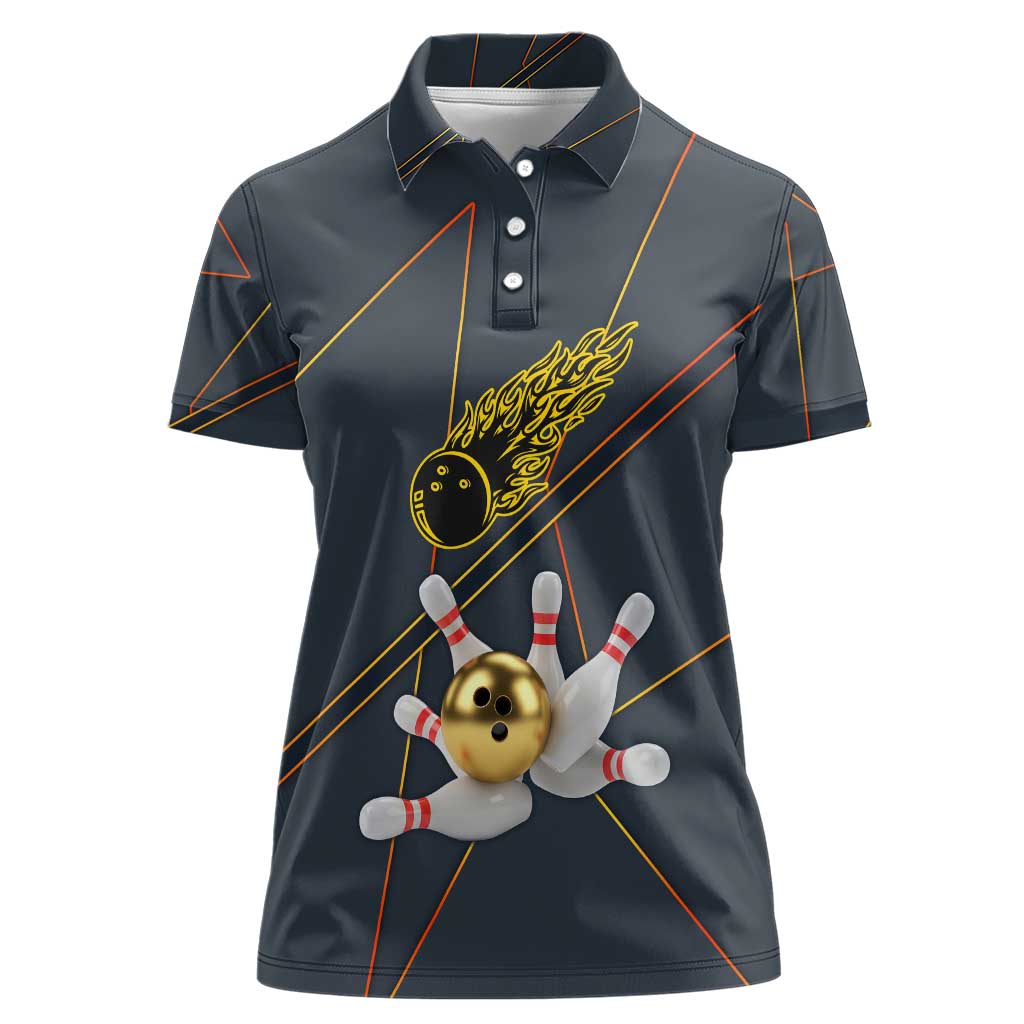 Custom Golden Bowling Shirts For Men, Flame Bowling Women Polo Shirt with Flaming Bowling Ball Striking Pins And Geometric Line Pattern - Wonder Print Shop