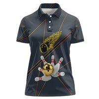 Custom Golden Bowling Shirts For Men, Flame Bowling Women Polo Shirt with Flaming Bowling Ball Striking Pins And Geometric Line Pattern - Wonder Print Shop