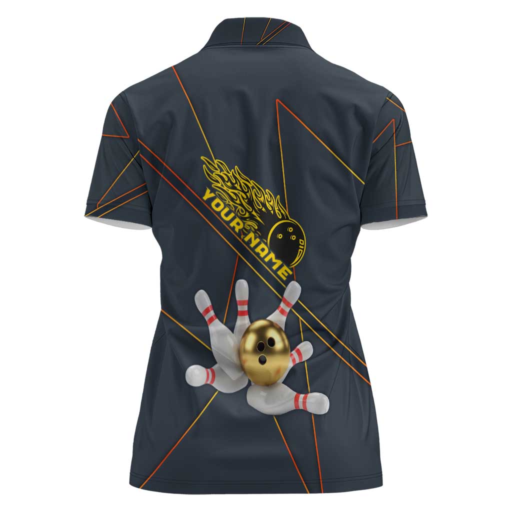 Custom Golden Bowling Shirts For Men, Flame Bowling Women Polo Shirt with Flaming Bowling Ball Striking Pins And Geometric Line Pattern - Wonder Print Shop