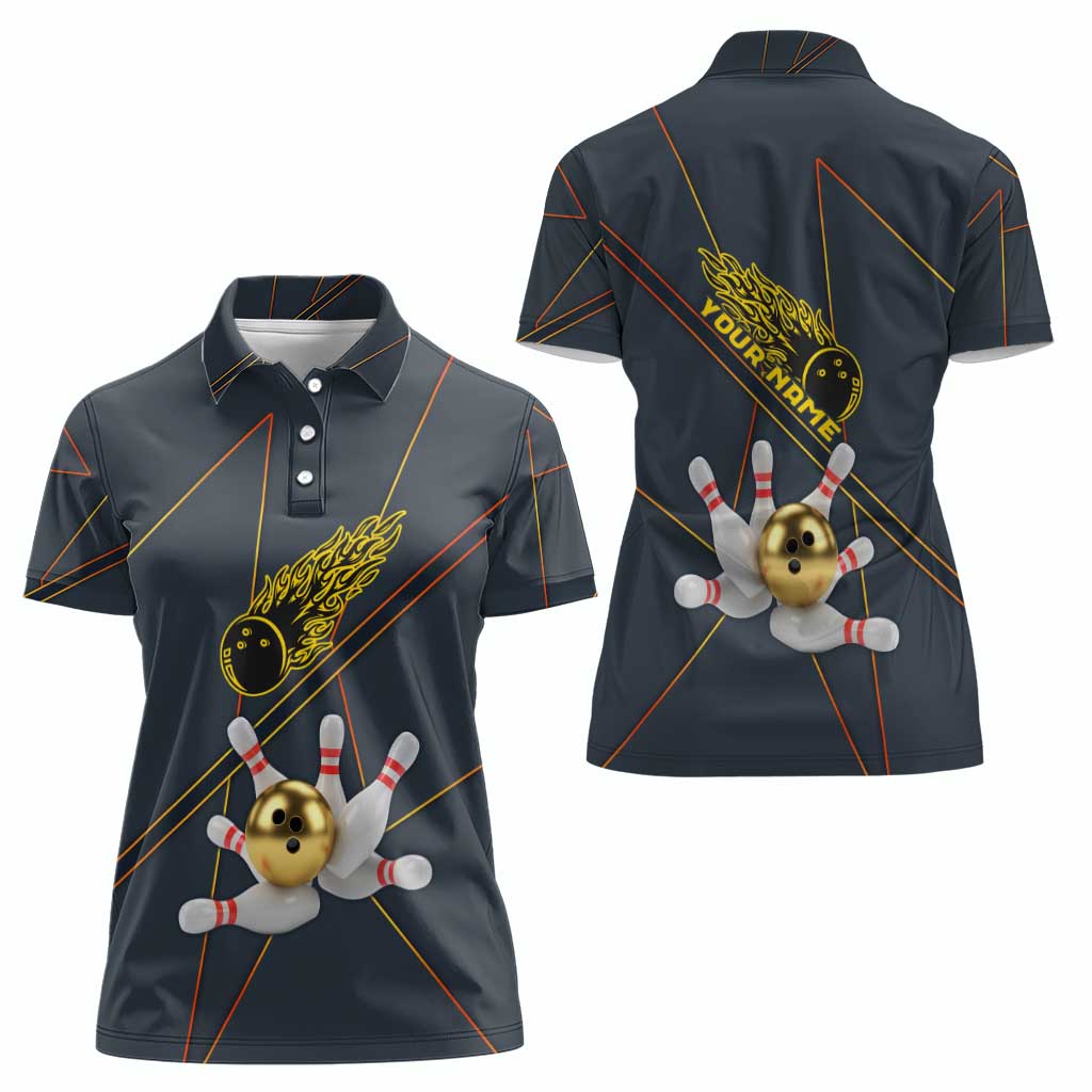 Custom Golden Bowling Shirts For Men, Flame Bowling Women Polo Shirt with Flaming Bowling Ball Striking Pins And Geometric Line Pattern - Wonder Print Shop