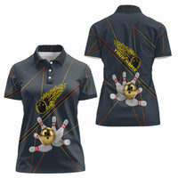 Custom Golden Bowling Shirts For Men, Flame Bowling Women Polo Shirt with Flaming Bowling Ball Striking Pins And Geometric Line Pattern - Wonder Print Shop