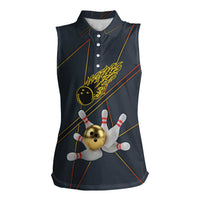 Custom Golden Bowling Shirts For Men, Flame Bowling Women Sleeveless Polo Shirt with Flaming Bowling Ball Striking Pins And Geometric Line Pattern - Wonder Print Shop